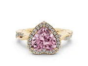 Fancy Pink Heart Cut Diamond Halo Twisted Band Ring Set in Yellow gold with Prong Setting