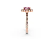 Fancy Pink Princess Cut Diamond Halo Milgrain Pavé Ring Set in Rose gold with Prong Setting