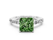 Fancy Green Princess Cut Diamond Solitaire Set in Silver with Side Baguettes and Channel Set Band