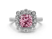 Fancy Pink Cushion Cut Diamond Halo Milgrain Pavé Ring Set in Platinum with Prong Setting