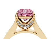 Fancy Pink Cushion Cut Diamond Solitaire Pavé Engagement Ring Set in Yellow gold with Prong Setting