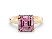 Fancy Pink Asscher Cut Diamond Solitaire Ring Set in Yellow gold with Prong Head and Smooth Polished Band