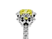 Fancy Yellow Cushion Cut Diamond Halo Pavé Band Ring Set in White gold with Prong-Held Center