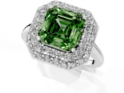 Fancy Green Asscher Cut Diamond Halo Engagement Ring Set in Platinum with Solitaire Band and Prong Setting