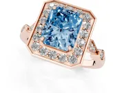 Radiant Cut Halo Engagement Ring Setting for a Fancy Blue Lab-Grown Diamond | Bezel Station Shoulders | Rose Gold