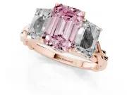 Fancy Pink Emerald Cut Diamond Three-Stone Ring Set in Rose gold with Braided Band