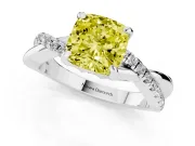 Fancy Yellow Cushion Cut Diamond Twist Band Solitaire Set in Platinum with Pavé Accents and Prong Setting
