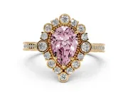 Fancy Pink Pear Cut Diamond Halo Milgrain Pavé Ring Set in Yellow gold with Prong Setting