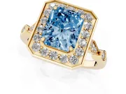 Radiant Cut Halo Engagement Ring Setting for a Fancy Blue Lab-Grown Diamond | Bezel Station Shoulders | Yellow Gold