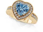 Fancy Blue Heart Cut Diamond Halo Ring Set in Yellow gold with Round Accent Halo, Pavé Band and Prong Setting