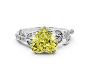 Fancy Yellow Heart Cut Diamond Solitaire Leaf-Inspired Ring Set in White gold with Pavé Band and Prong Setting