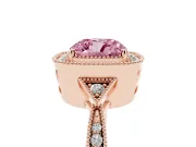 Fancy Pink Cushion Cut Diamond Halo Engagement Ring Set in Rose gold with Milgrain Pavé Band