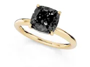 Fancy Black Cushion Cut Diamond Solitaire Ring Set in Yellow gold with Thin Band and Prong Setting
