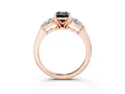 Fancy Black Three-Stone Emerald Cut Diamond Ring Set in Rose gold with Pear Side Stones and Prong Setting