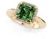 Fancy Green Asscher Cut Diamond Halo Engagement Ring Set in Yellow gold with Plain Split Shank and Prong Setting