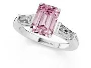 Fancy Pink Emerald Cut Diamond Solitaire Ring Set in White gold with Tapered Baguette Side Stones and Prong Setting
