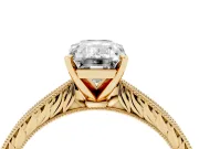 Emerald Cut Diamond Solitaire Milgrain Engraved Band Set in Yellow gold with Prong Setting