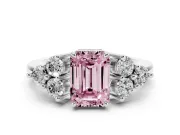 Fancy Pink Emerald Cut Diamond Solitaire Ring Set in White gold with Cluster Accents on Each Side