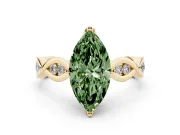 Fancy Green Marquise Cut Diamond Twist Band Solitaire Ring Set in Yellow gold with Leaf Prong Setting and Accent Stones
