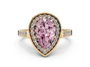 Fancy Pink Pear Cut Diamond Halo Solitaire Ring Set in Yellow gold with Pavé Band and Bezel Setting