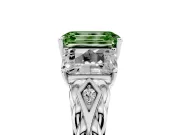 Fancy Green Emerald Cut Diamond Three-Stone Ring Set in White gold with Braided Band