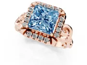 Fancy Blue Princess Cut Diamond Halo Ring Set in Rose gold with Scrollwork Band and Prong Setting