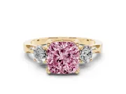 Cushion Cut Hidden Halo Three Stone Engagement Ring Setting for a Fancy Pink Lab-Grown Diamond | Yellow Gold