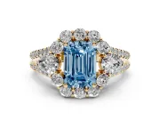 Fancy Blue Emerald Cut Diamond Halo Split Shank Engagement Ring Set in Yellow gold with Prong-Held Center Stone