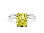 Fancy Yellow Radiant Cut Diamond Solitaire Engagement Ring Set in Platinum with Thin Band and Prong Setting