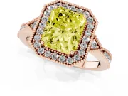 Fancy Yellow Radiant Cut Diamond Halo Engagement Ring Set in Rose gold with Milgrain Pavé Band