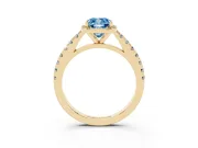 Fancy Blue Cushion Cut Diamond Halo Engagement Ring Set in Yellow gold with Pavé Band and Prong Setting