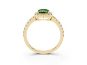 Fancy Green Emerald Cut Diamond Halo Ring Set in Yellow gold with Delicate Pavé Band and Prong Setting