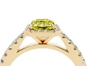 Fancy Yellow Emerald Cut Diamond Halo Engagement Ring Set in Yellow gold with Pavé Band and Prong Setting