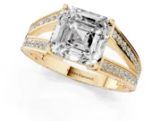 Asscher Cut Diamond Split Shank Ring Set in Yellow gold with Pavé Band and Prong Setting