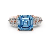 Fancy Blue Asscher Cut Diamond Cluster Engagement Ring Set in Rose gold with Pavé Band and Prong Setting