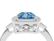 Fancy Blue Cushion Cut Diamond Halo Engagement Ring Set in Platinum with Milgrain Pavé Band