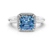 Fancy Blue Asscher Cut Diamond Halo Engagement Ring Set in Platinum with Plain Split Shank and Prong Setting