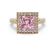 Princess Cut Milgrain Halo Engagement Ring Setting for a Fancy Pink Lab-Grown Diamond | Side Stones | Yellow Gold