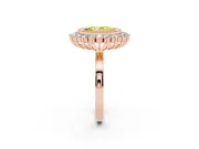 Fancy Yellow Oval Cut Diamond Halo Ring Set in Rose gold with Milgrain Edge and Round Prong Setting