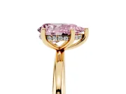 Fancy Pink Pear Cut Diamond Solitaire Engagement Ring Set in Yellow gold with Prong Setting and Polished Band