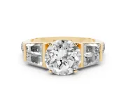 Round Cut Diamond Engagement Ring Set in Yellow gold with Baguette Side Stones and Channel Set Band