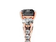 Fancy Black Three-Stone Cushion Cut Diamond Pavé Band Ring Set in Rose gold with Prong-Set Trio