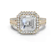 Asscher Cut Halo Split Shank Engagement Ring Setting | Pavé Shoulders | Yellow Gold