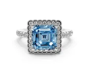 Fancy Blue Asscher Cut Diamond Milgrain Floral Halo Engagement Ring Set in White gold with Pavé Band