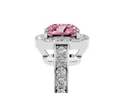 Fancy Pink Cushion Cut Diamond Halo Pavé Engagement Ring Set in Silver with Bezel Setting