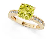 Fancy Yellow Cushion Cut Diamond Solitaire Ring Set in Yellow gold with Slim Pavé Band and Prong Setting