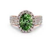 Fancy Green Oval Cut Diamond Halo Ring Set in Rose gold with Pavé Band and Raised Center Setting