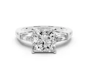 Princess Cut Diamond Solitaire Ring Set in Silver with Tapered Baguette Side Stones and Prong Setting