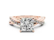 Princess Cut Diamond Twist Band Solitaire Set in Rose gold with Pavé Accents and Prong Setting