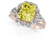 Fancy Yellow Radiant Cut Diamond Halo Split Shank Engagement Ring Set in Rose gold with Prong-Held Center Stone